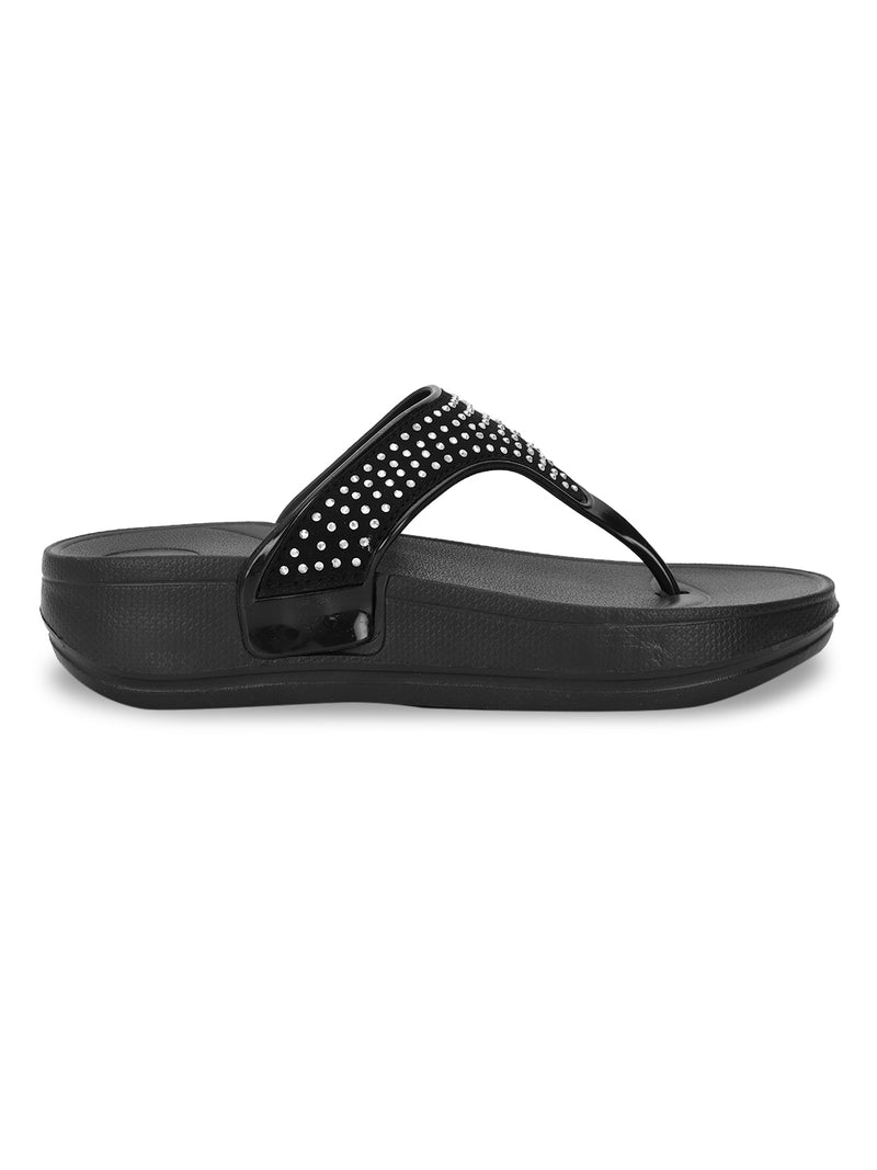 Black PU Diamanté Comfort Flats (TC-LLE-9163-BLK)