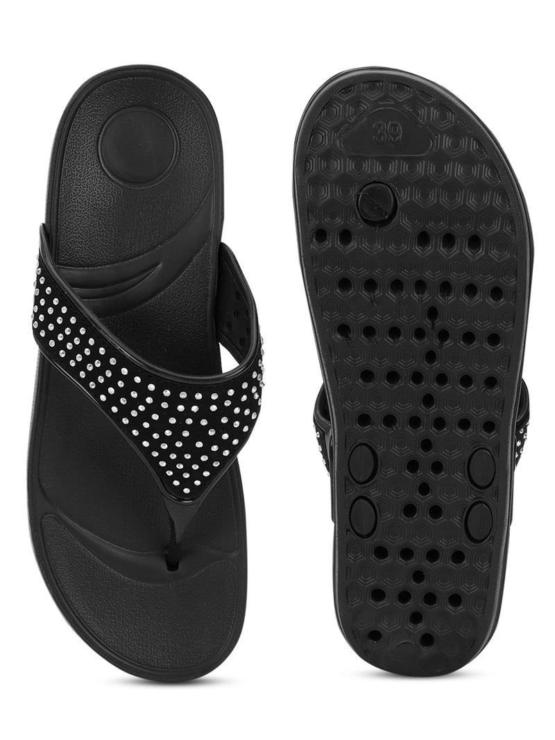 Black PU Diamanté Comfort Flats (TC-LLE-9163-BLK)