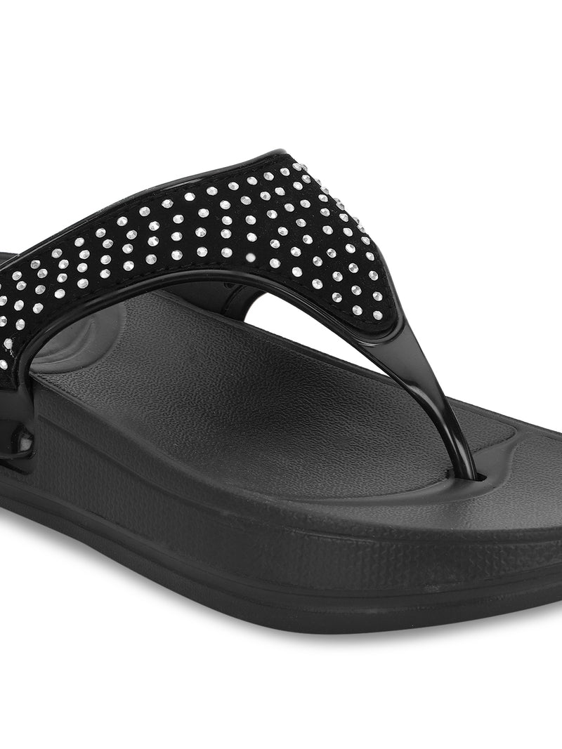 Black PU Diamanté Comfort Flats (TC-LLE-9163-BLK)