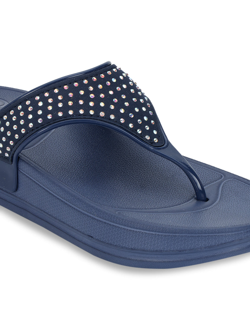 Navy Blue PU Diamanté Comfort Flats (TC-LLE-9163-NVY)