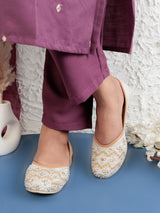 White Synthetic Leather Embellished Mojaris Flats (TC-LSH-9315-WHT)