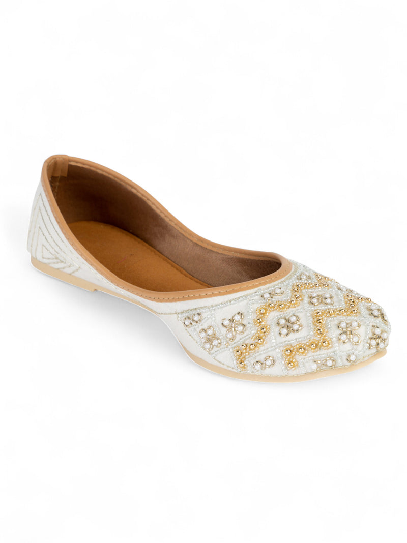 White Synthetic Leather Embellished Mojaris Flats (TC-LSH-9315-WHT)
