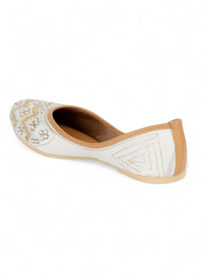White Synthetic Leather Embellished Mojaris Flats (TC-LSH-9315-WHT)