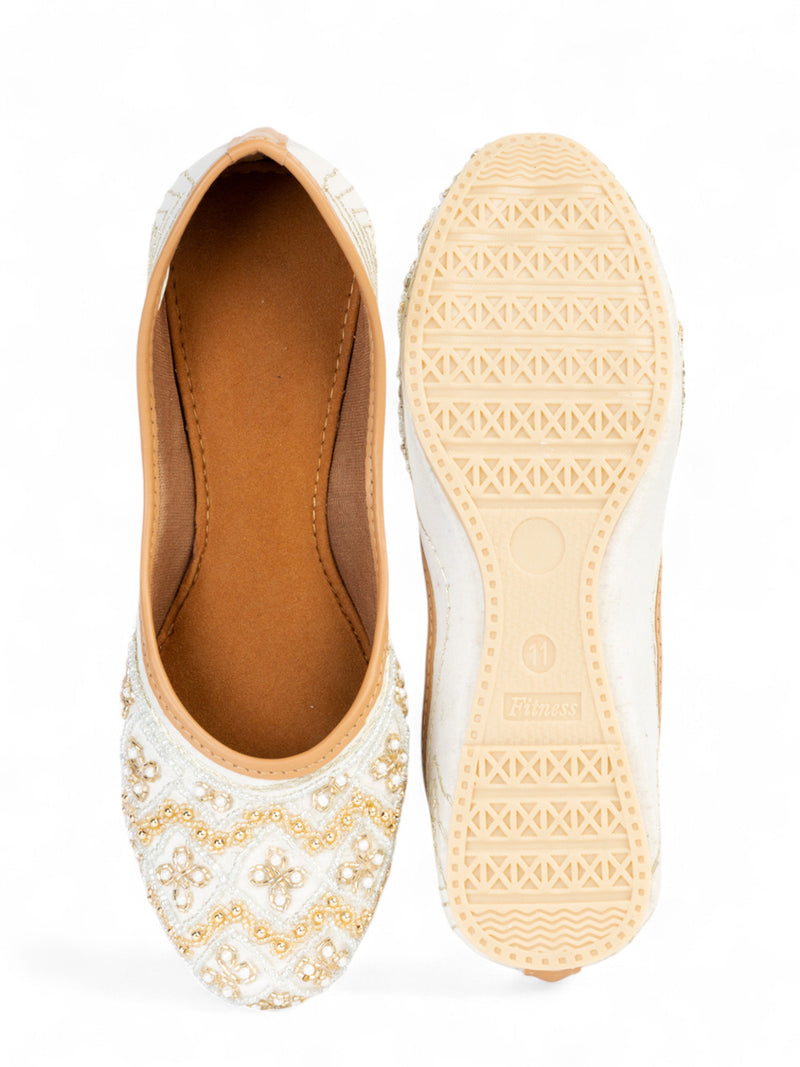White Synthetic Leather Embellished Mojaris Flats (TC-LSH-9315-WHT)