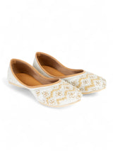 White Synthetic Leather Embellished Mojaris Flats (TC-LSH-9315-WHT)