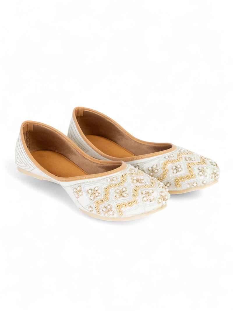 White Synthetic Leather Embellished Mojaris Flats (TC-LSH-9315-WHT)