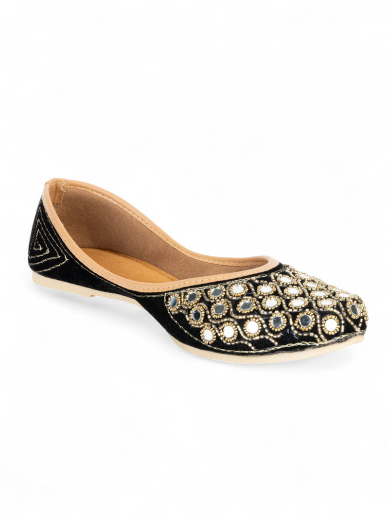 Black Suede Leather Embellished Mojaris Flats (TC-LSH-9316-BLK)