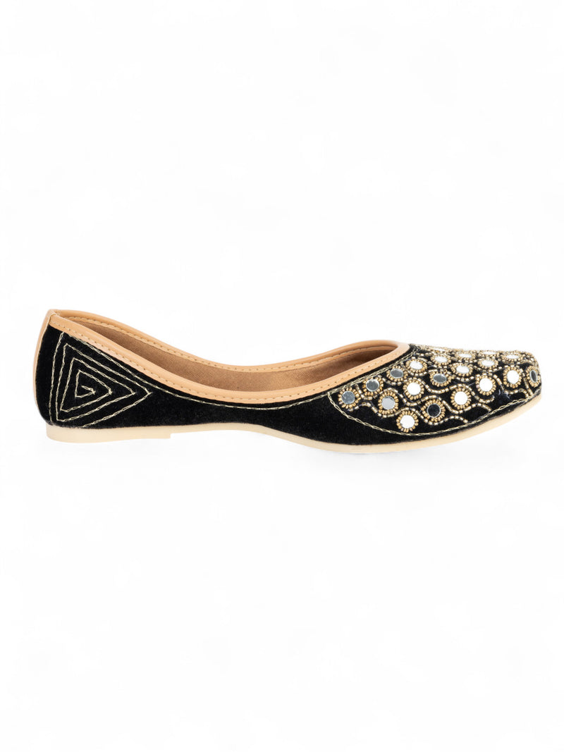 Black Suede Leather Embellished Mojaris Flats (TC-LSH-9316-BLK)