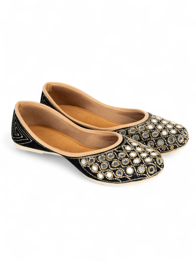 Black Suede Leather Embellished Mojaris Flats (TC-LSH-9316-BLK)