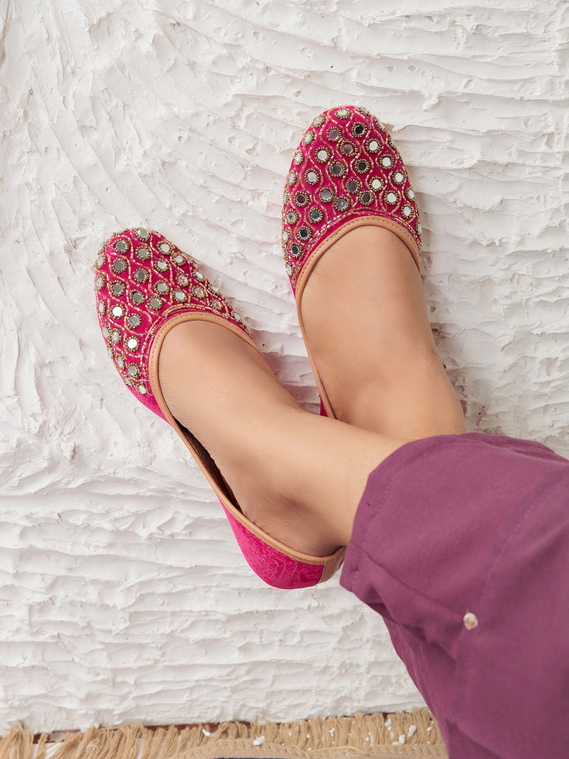Pink Suede Leather Embellished Mojaris Flats (TC-LSH-9316-PNK)