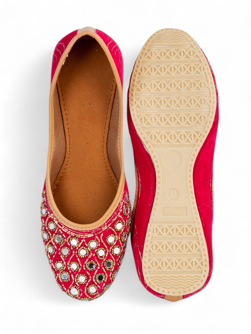 Pink Suede Leather Embellished Mojaris Flats (TC-LSH-9316-PNK)