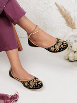 Black Suede Leather Embellished Mojaris Flats (TC-LSH-9317-BLK)