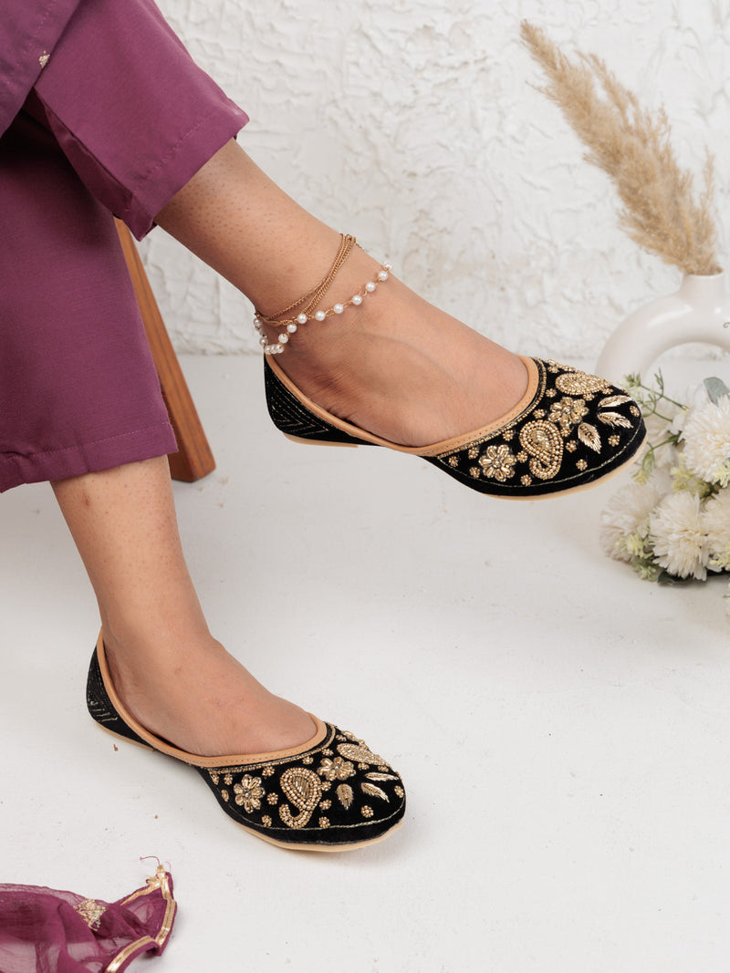 Black Suede Leather Embellished Mojaris Flats (TC-LSH-9317-BLK)