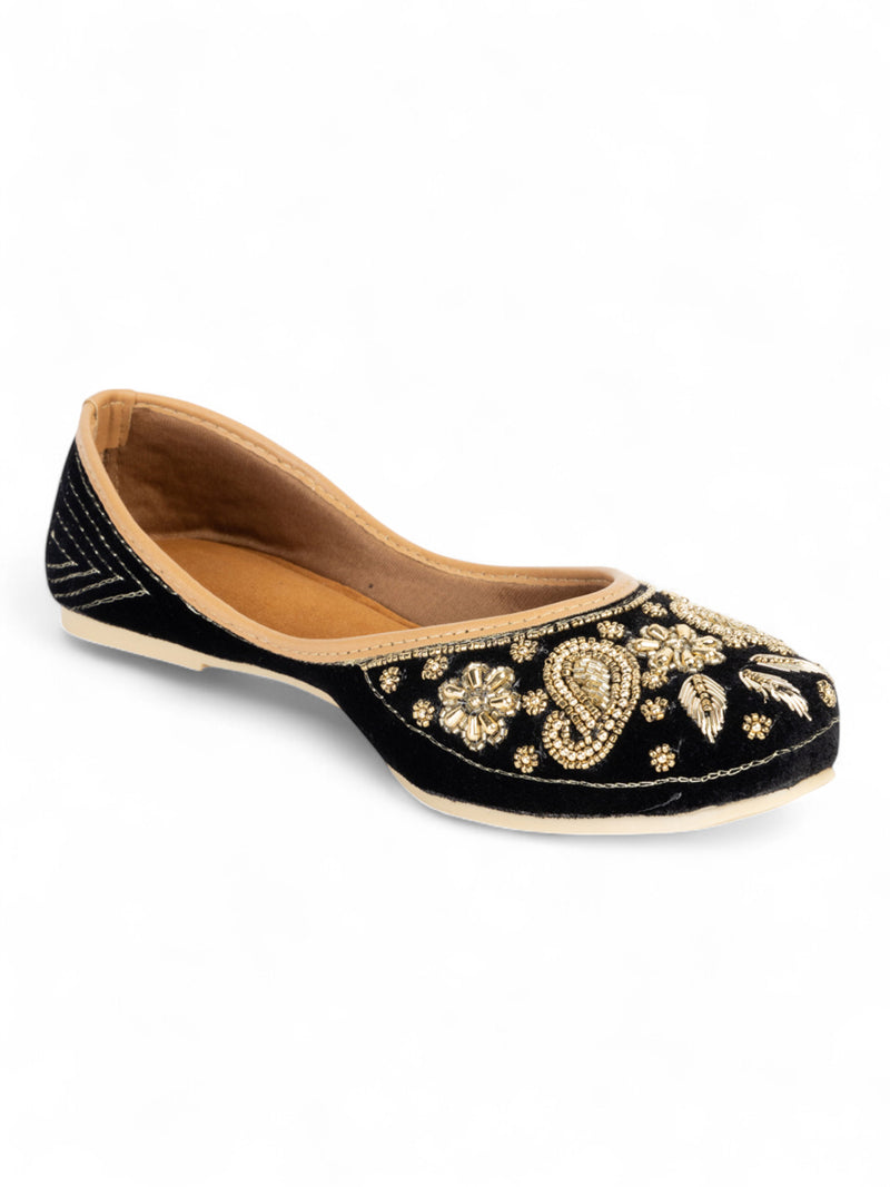 Black Suede Leather Embellished Mojaris Flats (TC-LSH-9317-BLK)