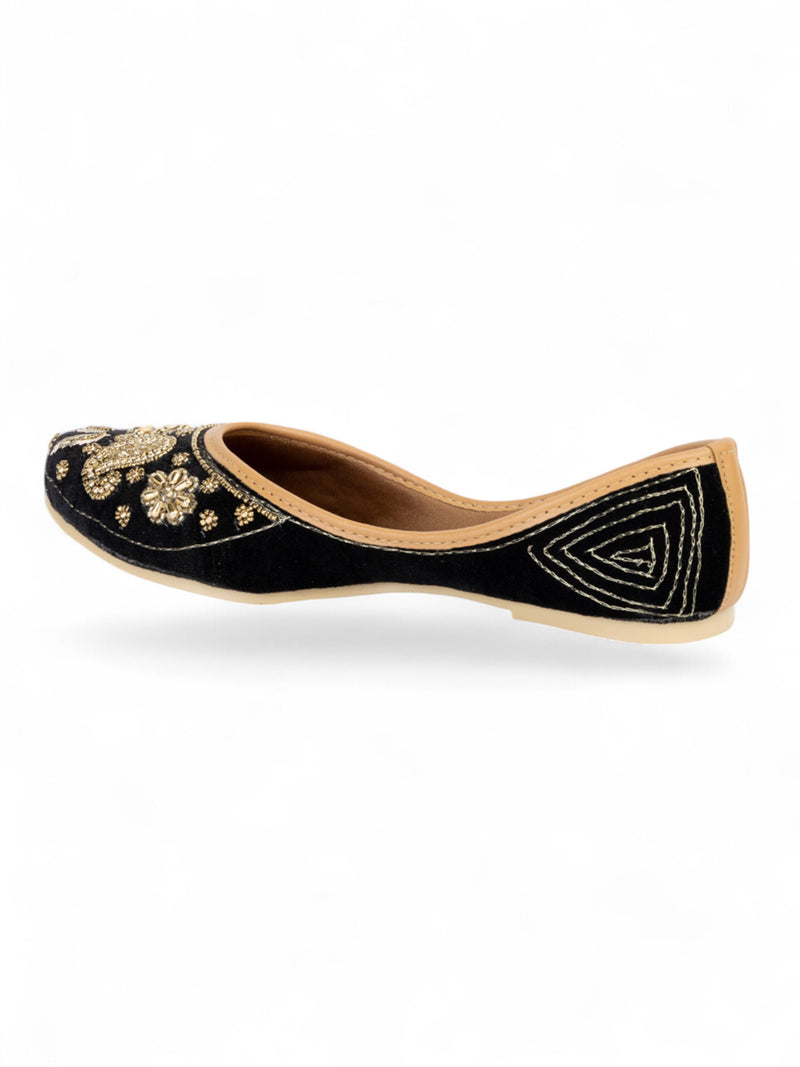 Black Suede Leather Embellished Mojaris Flats (TC-LSH-9317-BLK)
