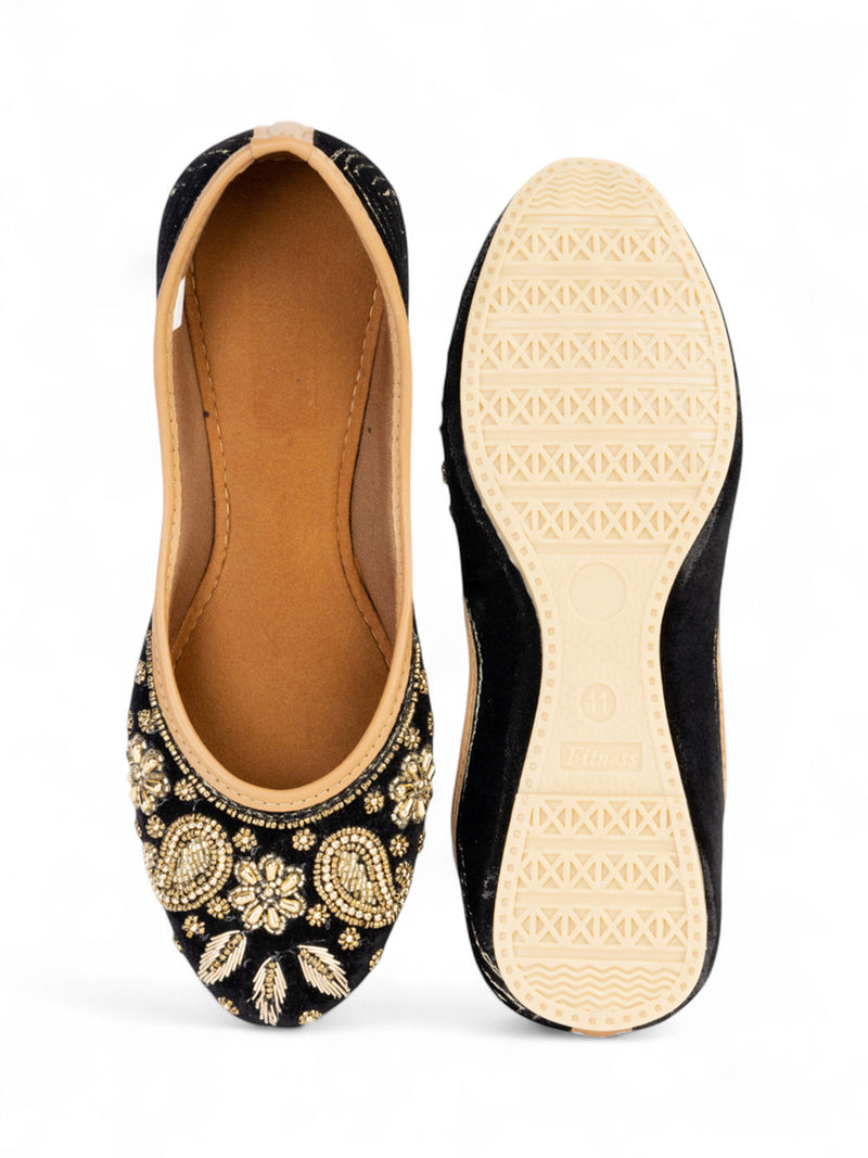 Black Suede Leather Embellished Mojaris Flats (TC-LSH-9317-BLK)