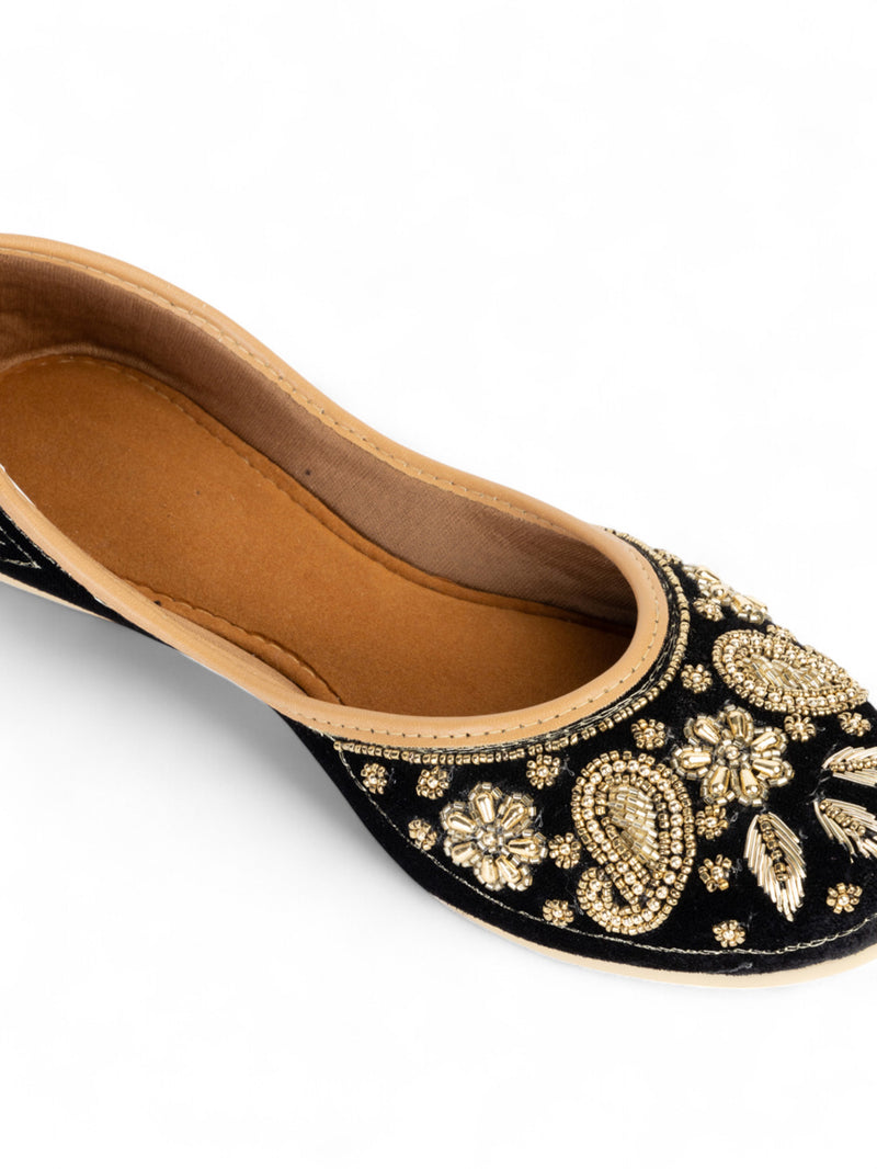 Black Suede Leather Embellished Mojaris Flats (TC-LSH-9317-BLK)