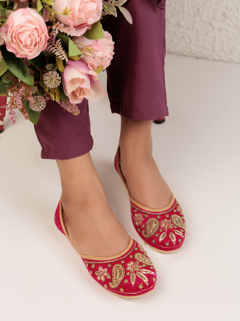 Magenta Suede Leather Embellished Mojaris Flats (TC-LSH-9317-MAG)