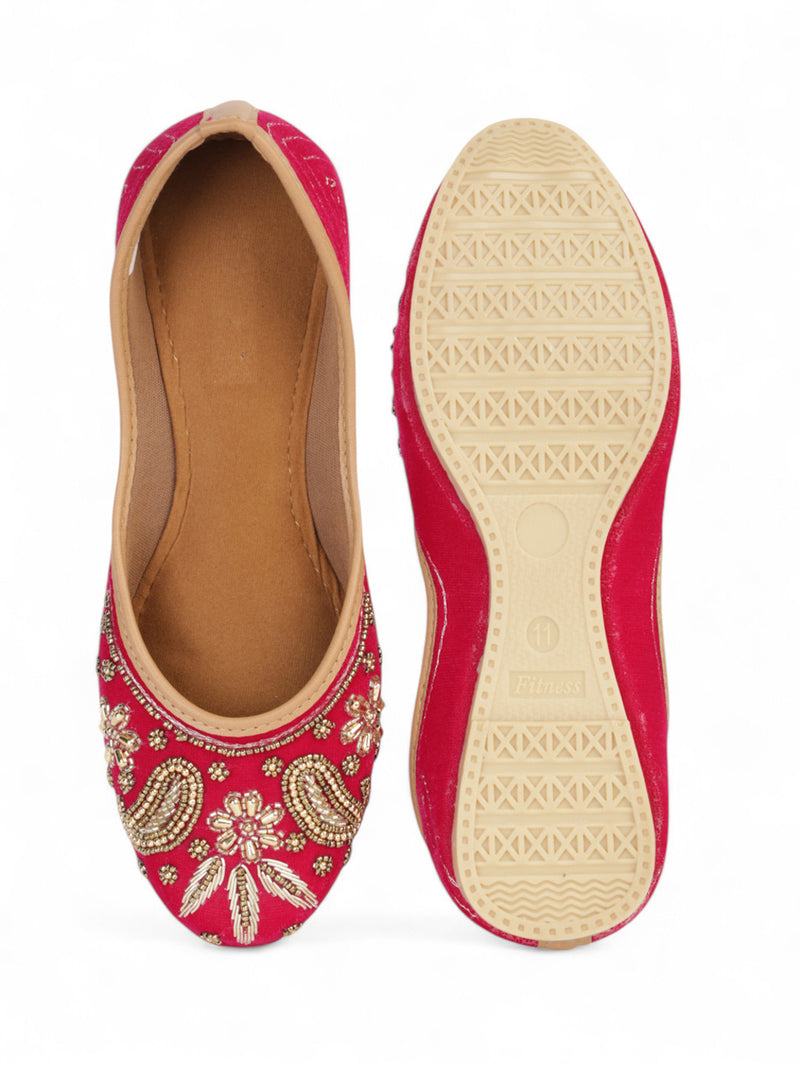 Magenta Suede Leather Embellished Mojaris Flats (TC-LSH-9317-MAG)