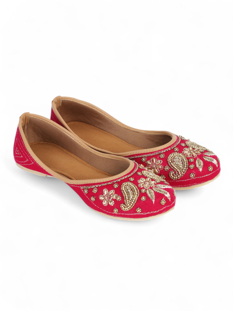 Magenta Suede Leather Embellished Mojaris Flats (TC-LSH-9317-MAG)