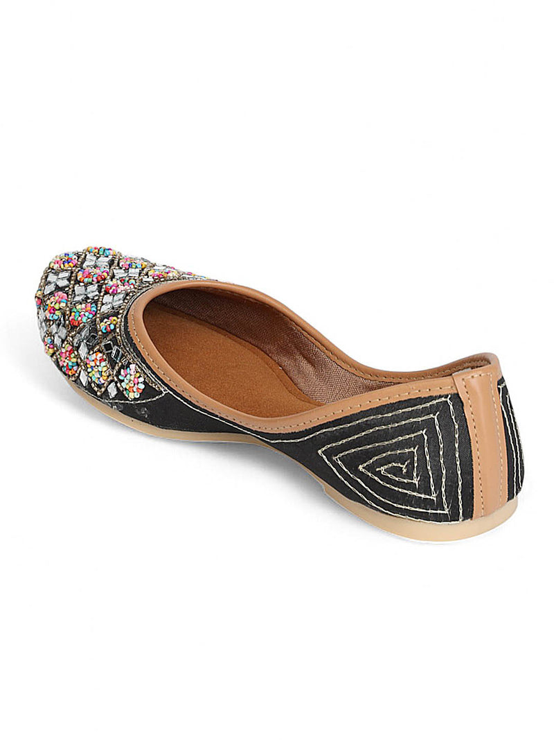 Black Synthetic Leather Embellished Mojaris Flats (TC-LSH-9318-BLK)