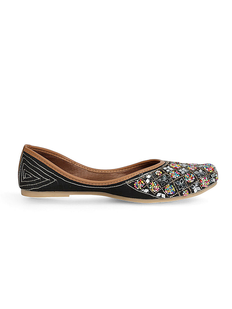 Black Synthetic Leather Embellished Mojaris Flats (TC-LSH-9318-BLK)