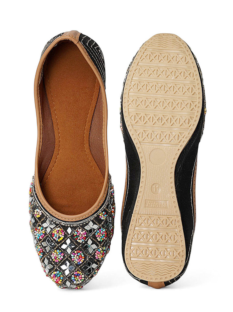 Black Synthetic Leather Embellished Mojaris Flats (TC-LSH-9318-BLK)