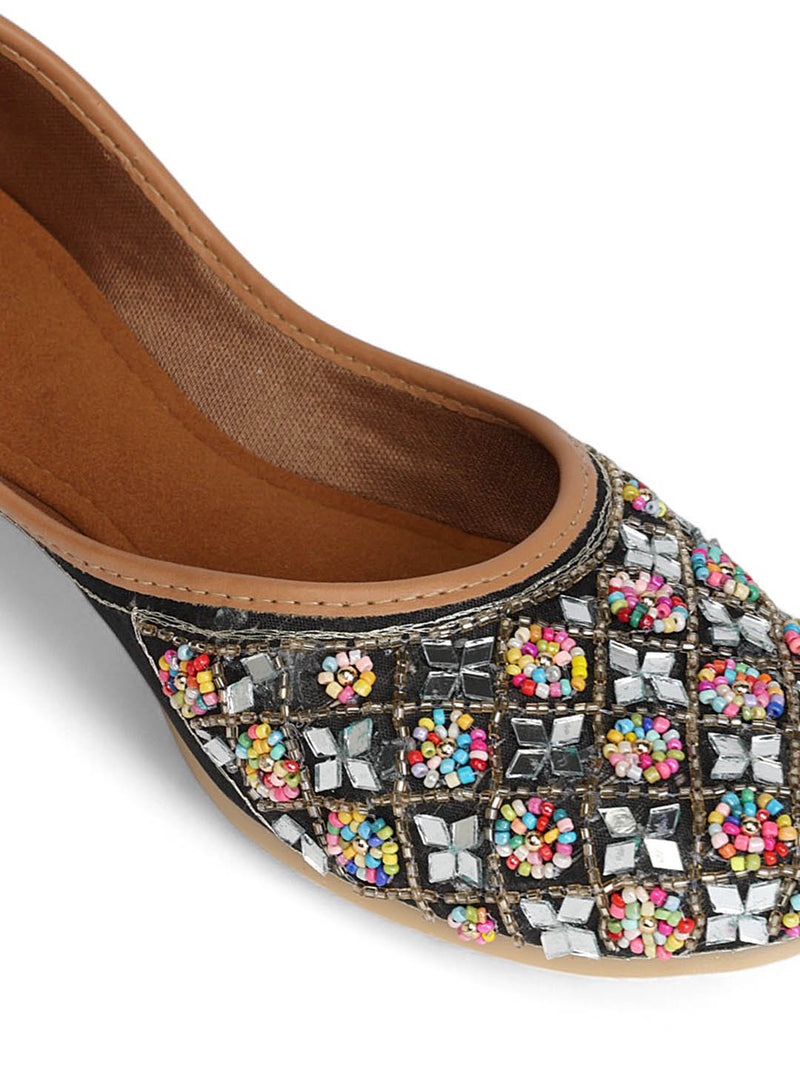 Black Synthetic Leather Embellished Mojaris Flats (TC-LSH-9318-BLK)