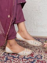 White Synthetic Leather Embellished Mojaris Flats (TC-LSH-9318-WHT)
