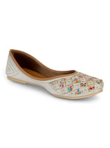 White Synthetic Leather Embellished Mojaris Flats (TC-LSH-9318-WHT)