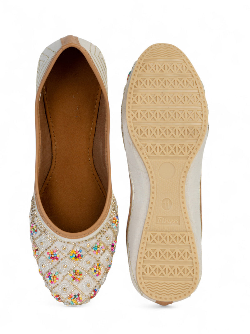White Synthetic Leather Embellished Mojaris Flats (TC-LSH-9318-WHT)