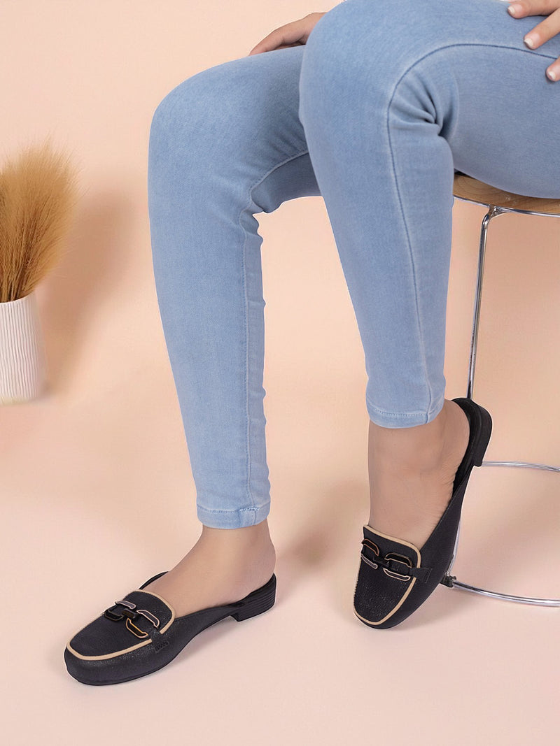 Black Synthetic Leather Block Heel Mules (TC-MD-702-BLK)