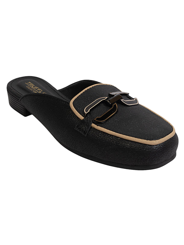 Black Synthetic Leather Block Heel Mules (TC-MD-702-BLK)