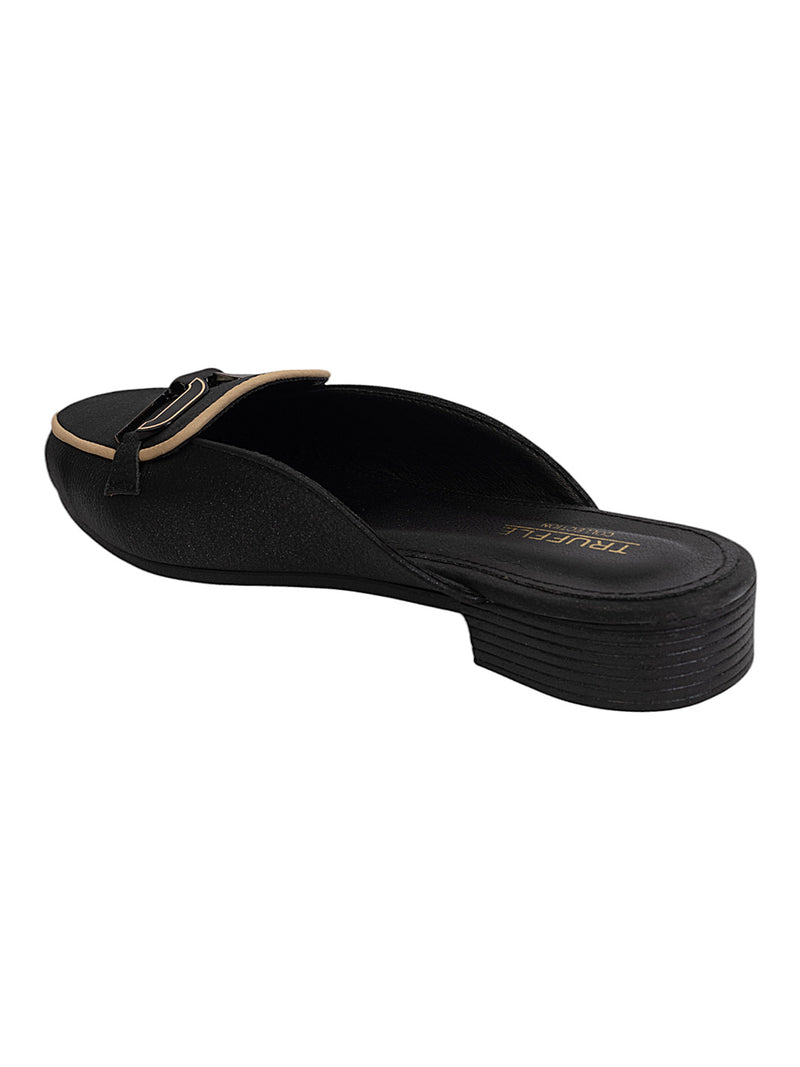 Black Synthetic Leather Block Heel Mules (TC-MD-702-BLK)