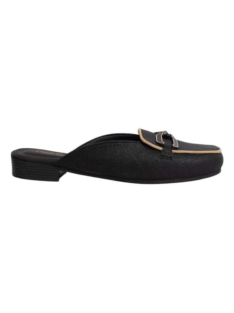 Black Synthetic Leather Block Heel Mules (TC-MD-702-BLK)