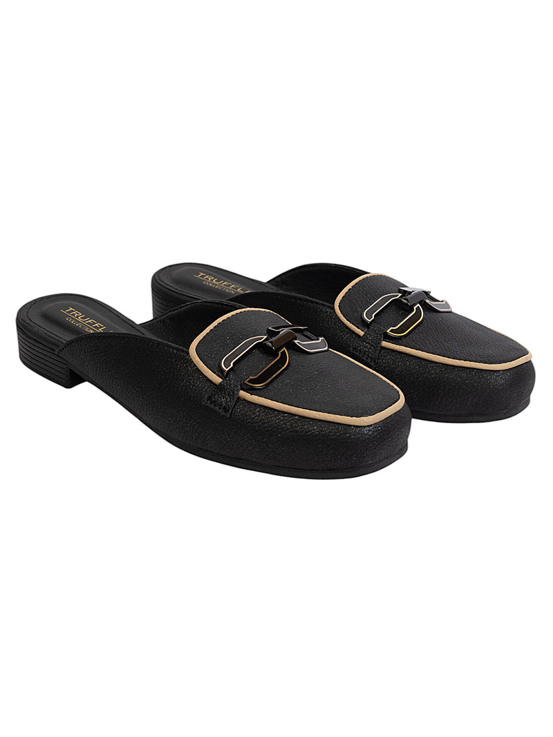 Black Synthetic Leather Block Heel Mules (TC-MD-702-BLK)