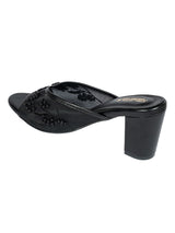Black Net Embellished Open Toe Slip-On Block Heel Sandals (TC-MD111-BLK)