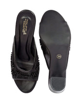 Black Net Embellished Open Toe Slip-On Block Heel Sandals (TC-MD111-BLK)