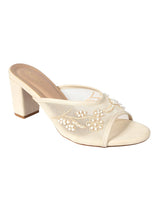 Cream Net Embellished Open Toe Slip-On Block Heel Sandals (TC-MD111-CRM)
