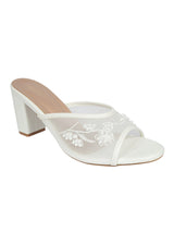 White Net Embellished Open Toe Slip-On Block Heel Sandals (TC-MD111-WHT)