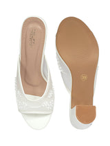 White Net Embellished Open Toe Slip-On Block Heel Sandals (TC-MD111-WHT)