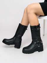 Black Genuine Leather Chunky Block Heel Round Toe Mid-Calf Harness Boot (TC-MONDO8662-BLK)