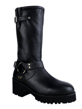 Black Genuine Leather Chunky Block Heel Round Toe Mid-Calf Harness Boot (TC-MONDO8662-BLK)