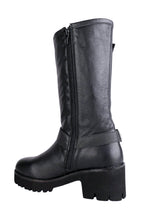 Black Genuine Leather Chunky Block Heel Round Toe Mid-Calf Harness Boot (TC-MONDO8662-BLK)