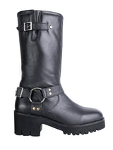 Black Genuine Leather Chunky Block Heel Round Toe Mid-Calf Harness Boot (TC-MONDO8662-BLK)