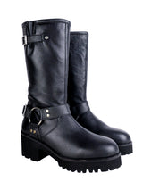 Black Genuine Leather Chunky Block Heel Round Toe Mid-Calf Harness Boot (TC-MONDO8662-BLK)