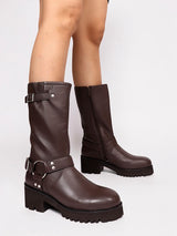 Brown Genuine Leather Chunky Block Heel Round Toe Mid-Calf Harness Boot (TC-MONDO8662-BRO)