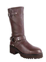 Brown Genuine Leather Chunky Block Heel Round Toe Mid-Calf Harness Boot (TC-MONDO8662-BRO)