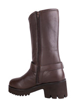 Brown Genuine Leather Chunky Block Heel Round Toe Mid-Calf Harness Boot (TC-MONDO8662-BRO)