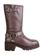 Brown Genuine Leather Chunky Block Heel Round Toe Mid-Calf Harness Boot (TC-MONDO8662-BRO)